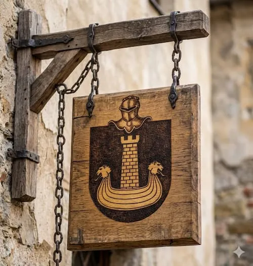 Herb Korab przy bramie agroturystyki Huta 5